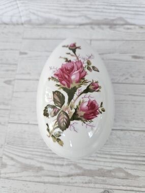 Porcelain Floral Egg Trinket Box with Pink Rose Motif VINTAGE